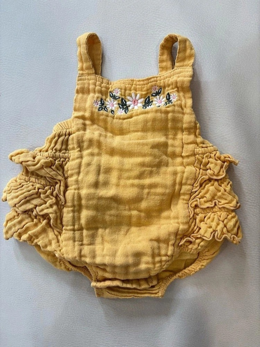 Angel Dear Baby Floral Embroidery Ruffle Romper Yellow 3-6M